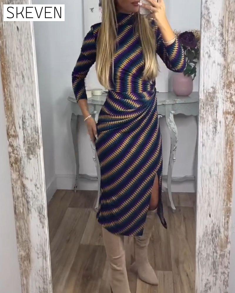 Sexy Dress with Striped and High Neck