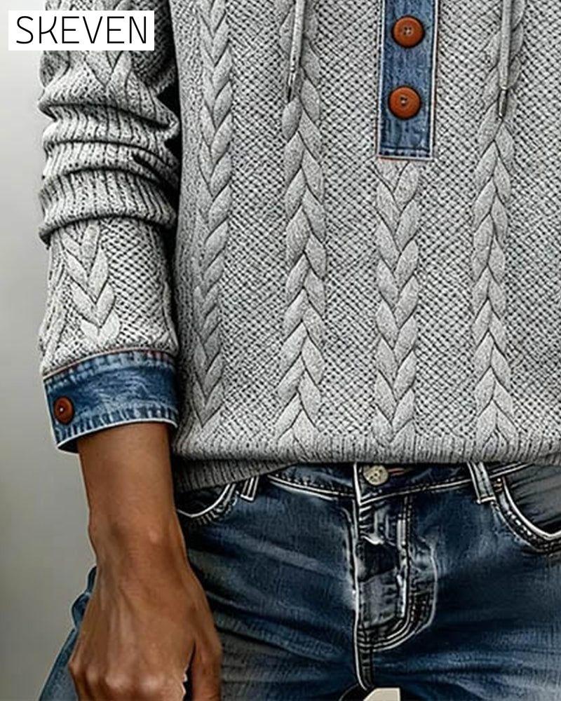 Color-Blocked Button Long-Sleeved Hooded