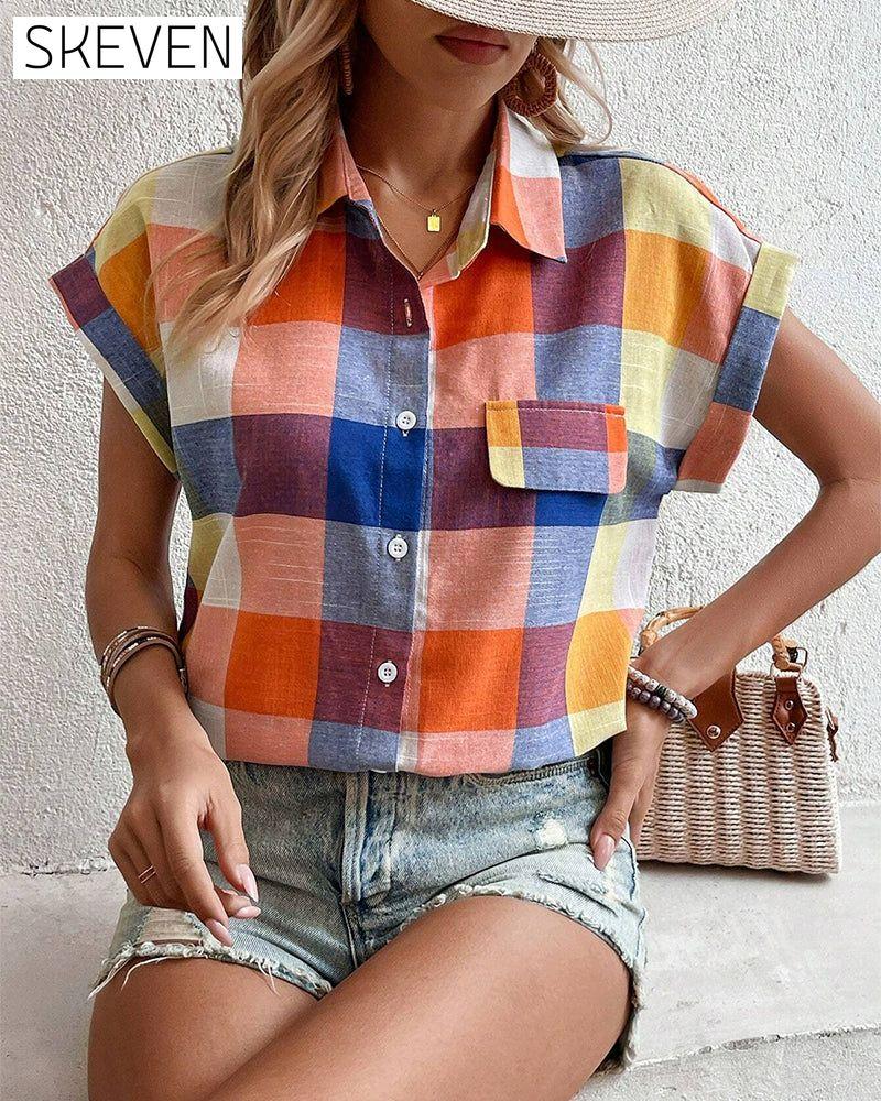 chemise décontractée à manches courtes à carreaux colorés