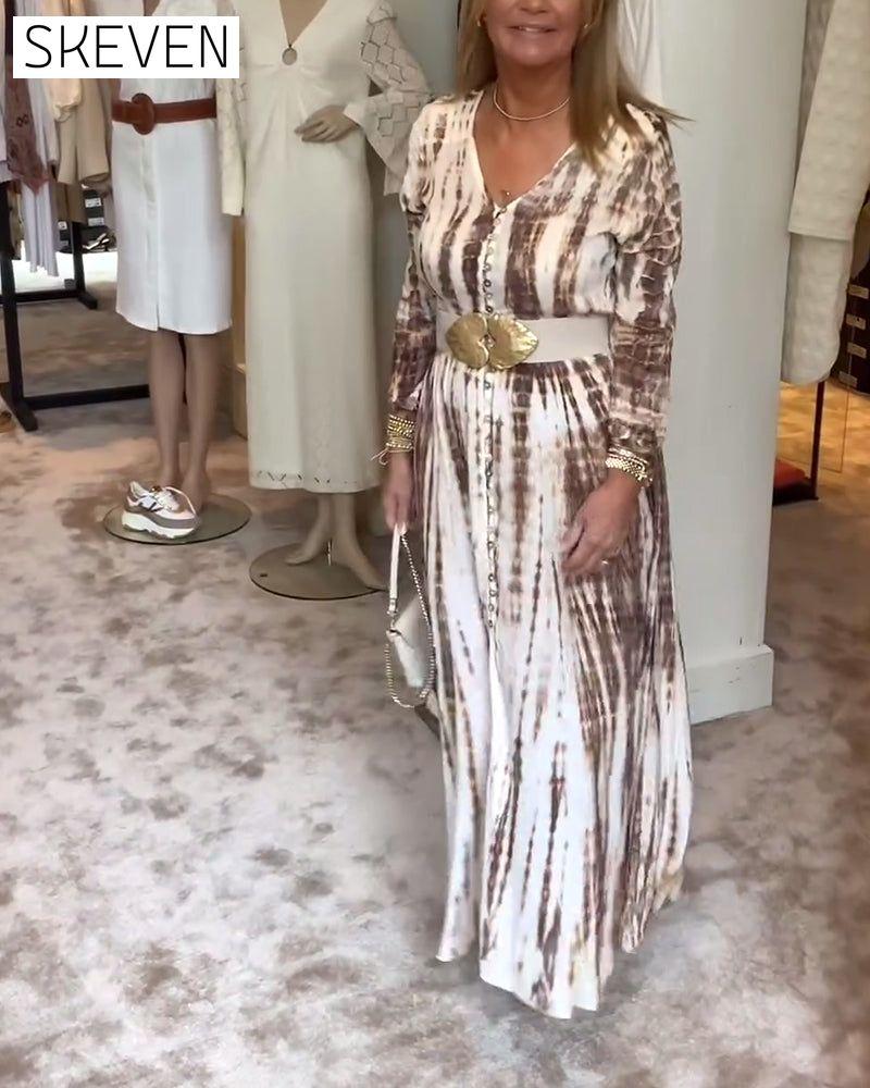 Printed long-sleeve V-neck slit waist dress