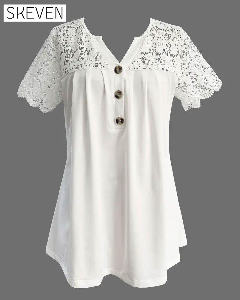 T-shirt plissé patchwork en dentelle ajourée