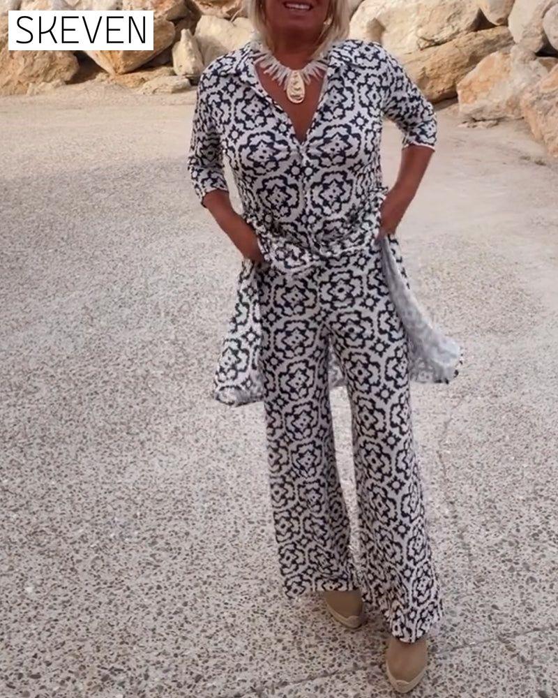 Vintage printed lapel button set 202466 spring summer two-piece sets