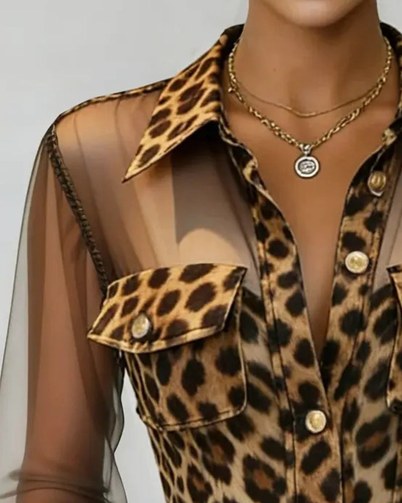 Leopard Print Mesh Sheer Sleeve Blouse