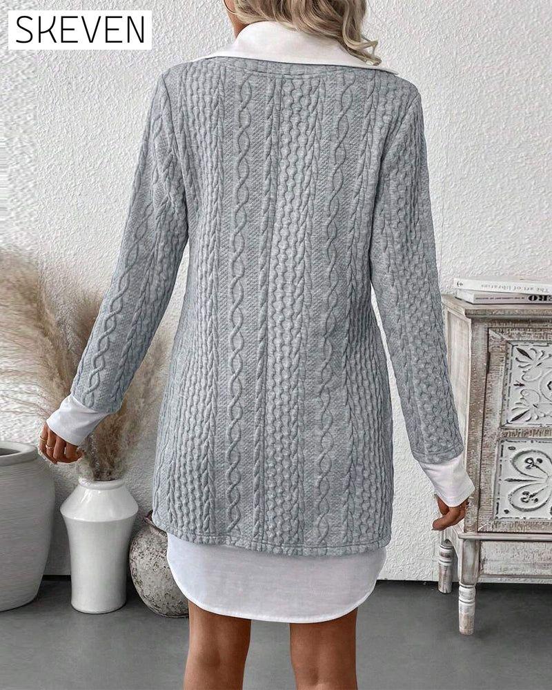 Hemdkragen-Täuschungs-Zweiteiler-Strickkleid
