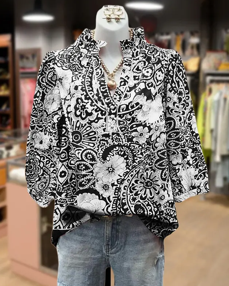 Paisley Floral Print Mandarin Collar Blouse