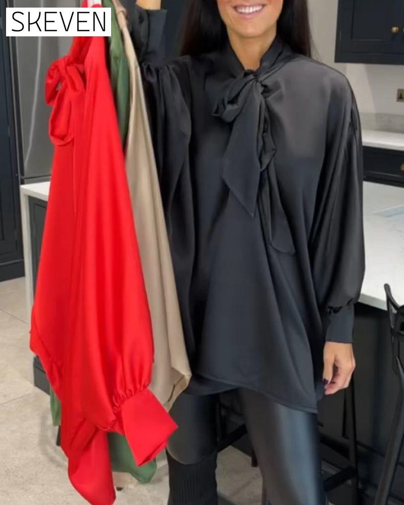 Ribbon collar solid color and elegant blouse