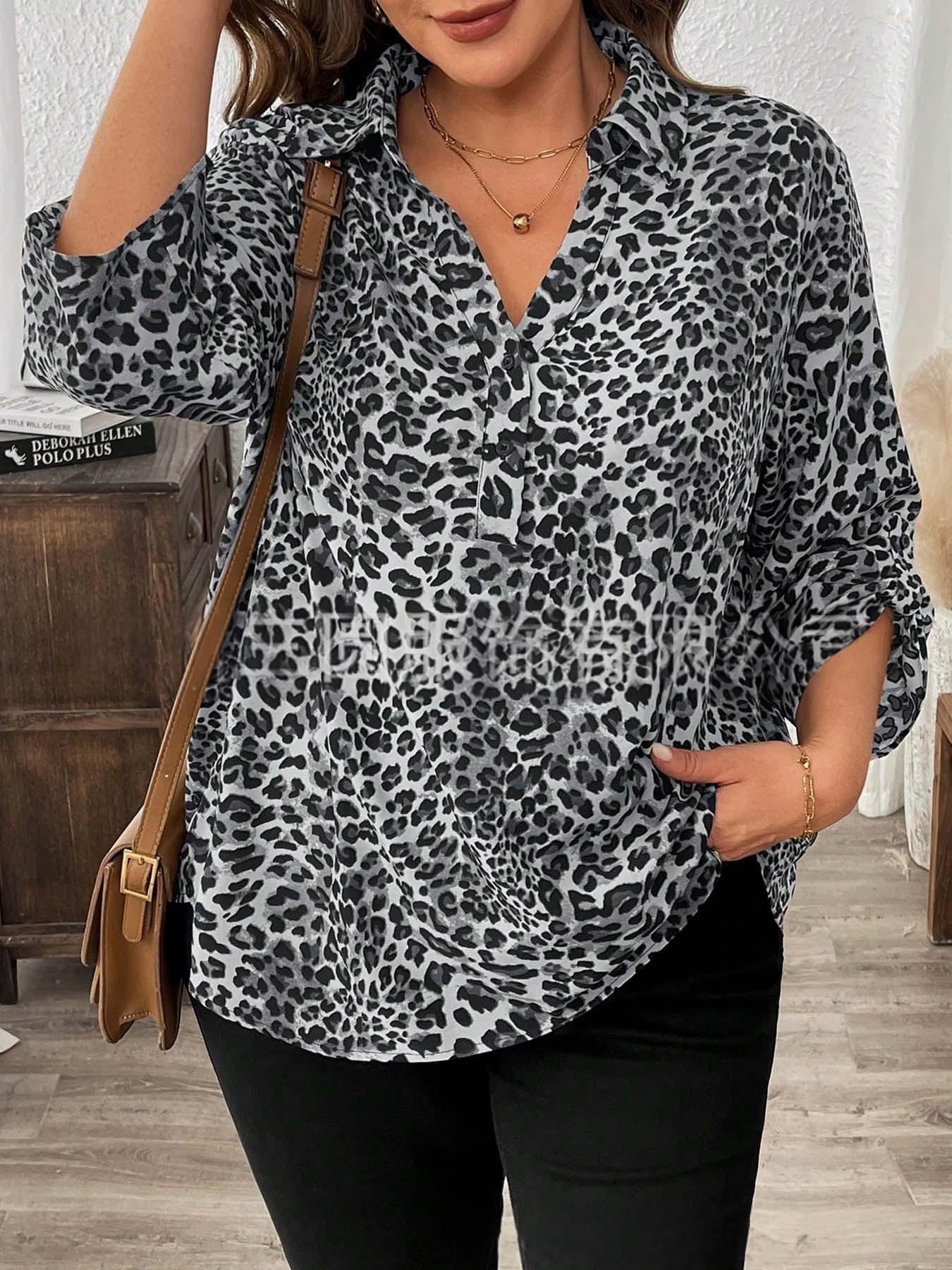 Leopard-Print Womens Shirt Lapel Collar Long Sleeves Loose Fit V-Neck Top