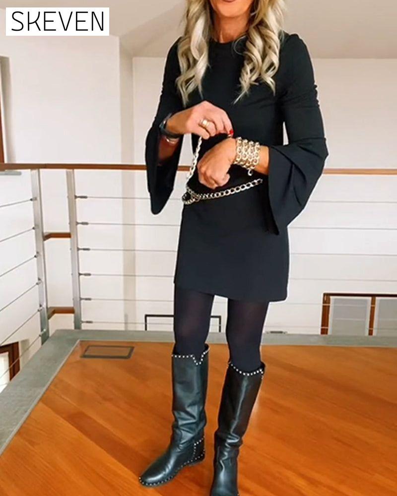 Fashion Solid Color Flare Sleeve Dress