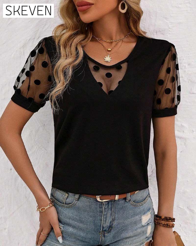 Polka Dot Mesh Contrast Short Puff Sleeve T-Shirt spring summer t-shirts