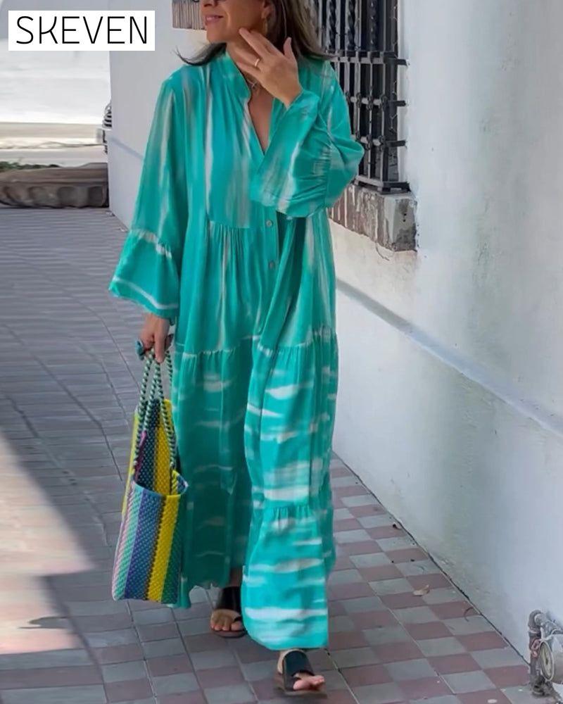 Casual V-neck flare sleeve loose long dress