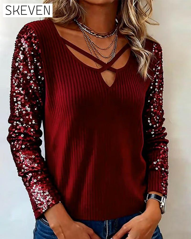 Sequin Panel Long-Sleeved Top
