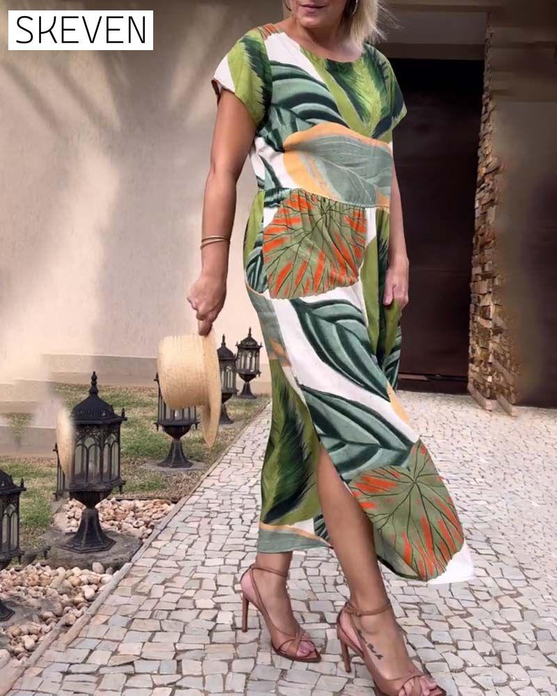 Leaf print short sleeve slit dress