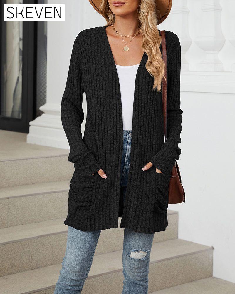 Casual solid color pocket long sleeve cardigan