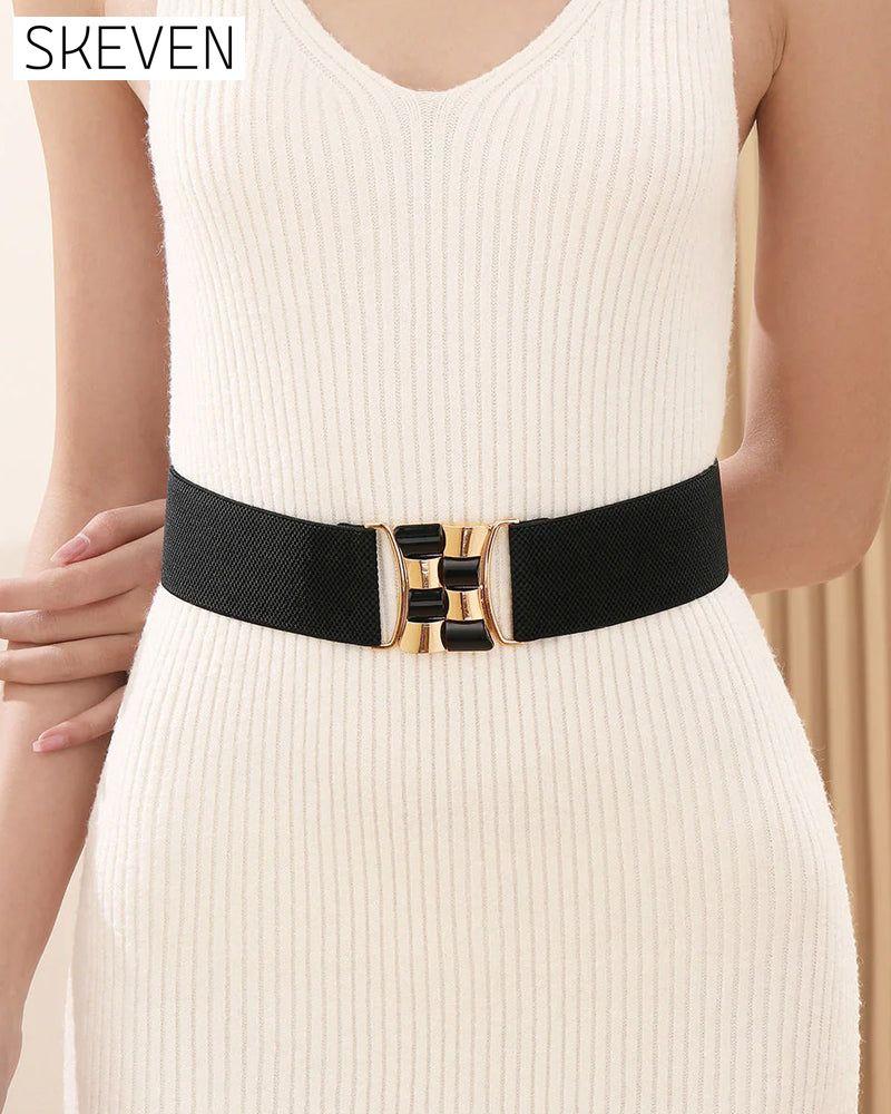 Ceinture vintage en cuir élastique avec boucle dorée pour femme