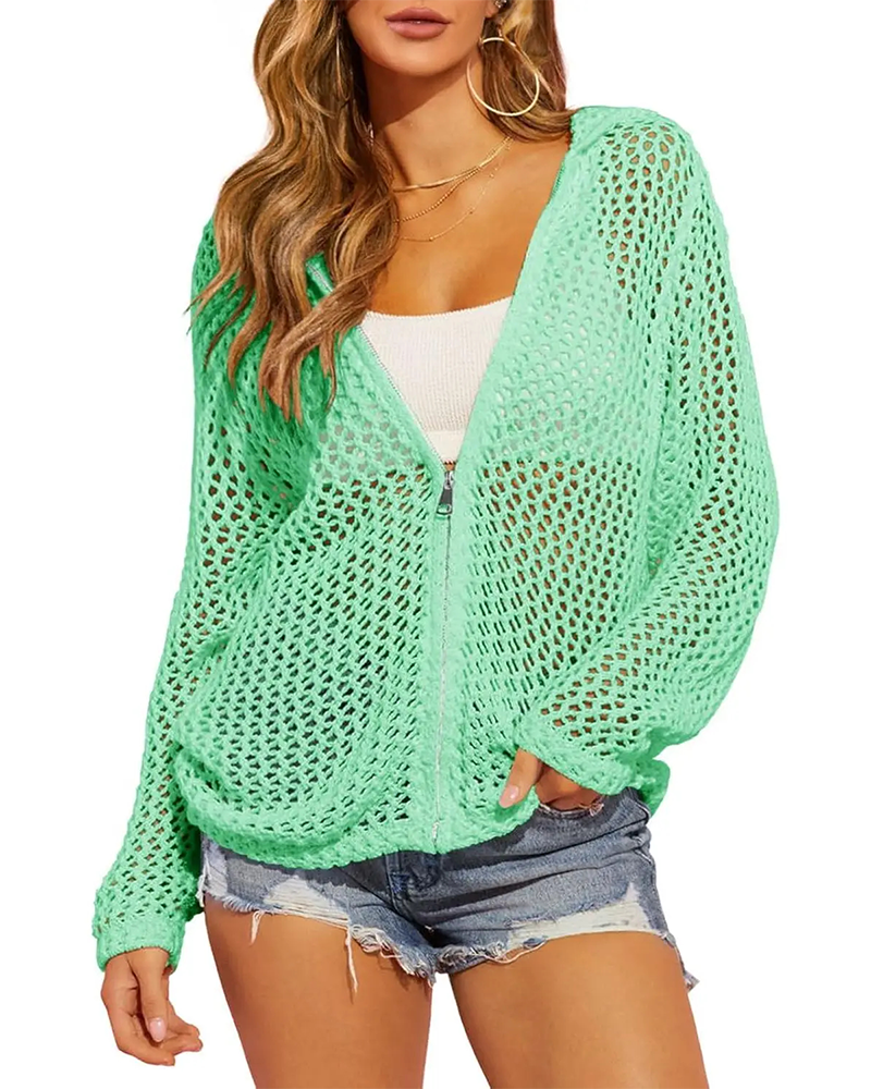 Zipper Hollow Mesh Long-Sleeve Coat