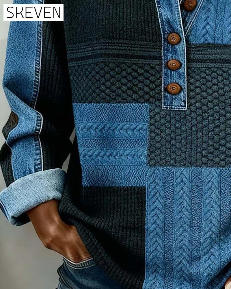 Bedrucktes, langärmeliges Sweatshirt mit Knopfleiste