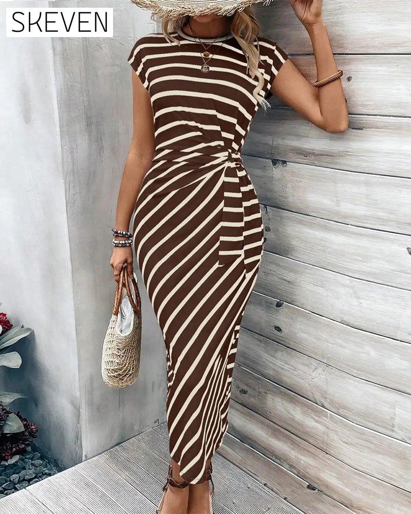 Fashion striped printed strappy raglan sleeve slim dress