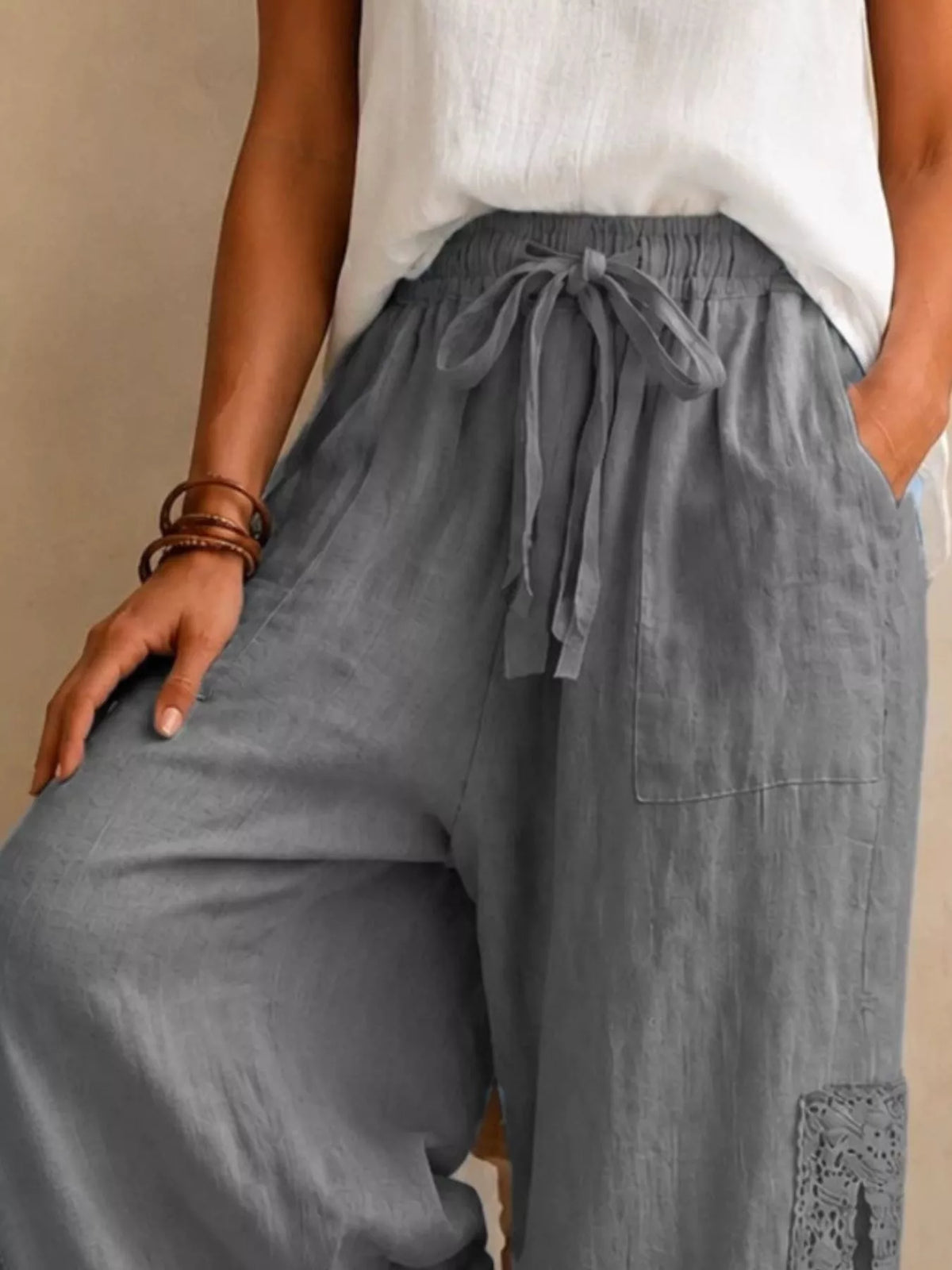 Lace Detail Slit Wide Leg Pants