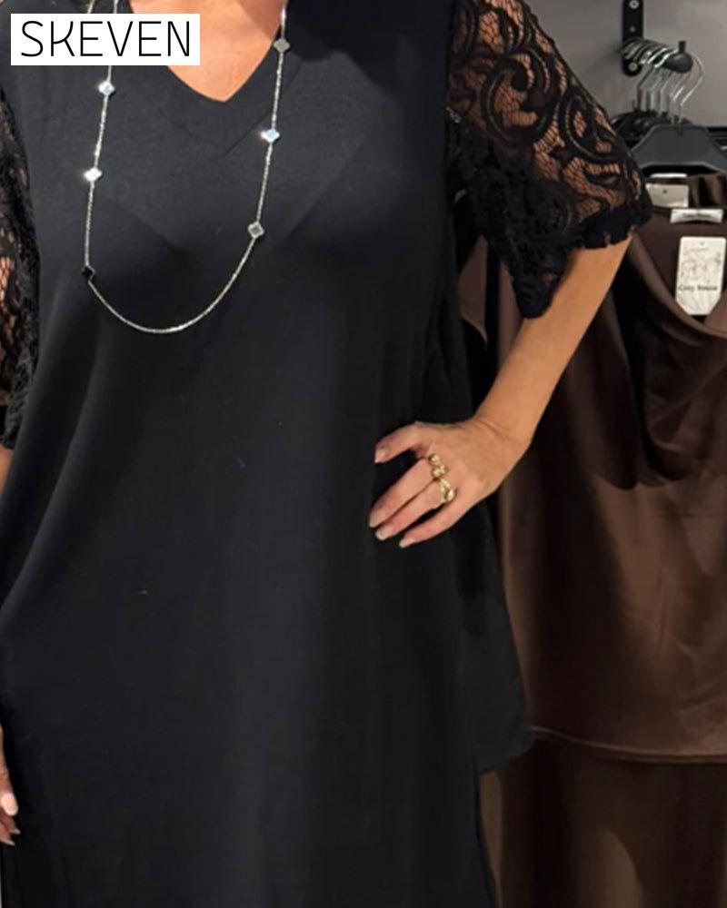 Stylish V-Neck Dress With Lace Sleeves