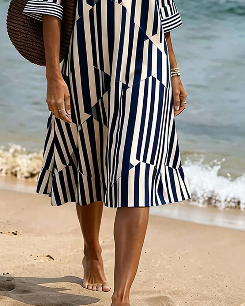 Striped Half Sleeve V-Neck Dress