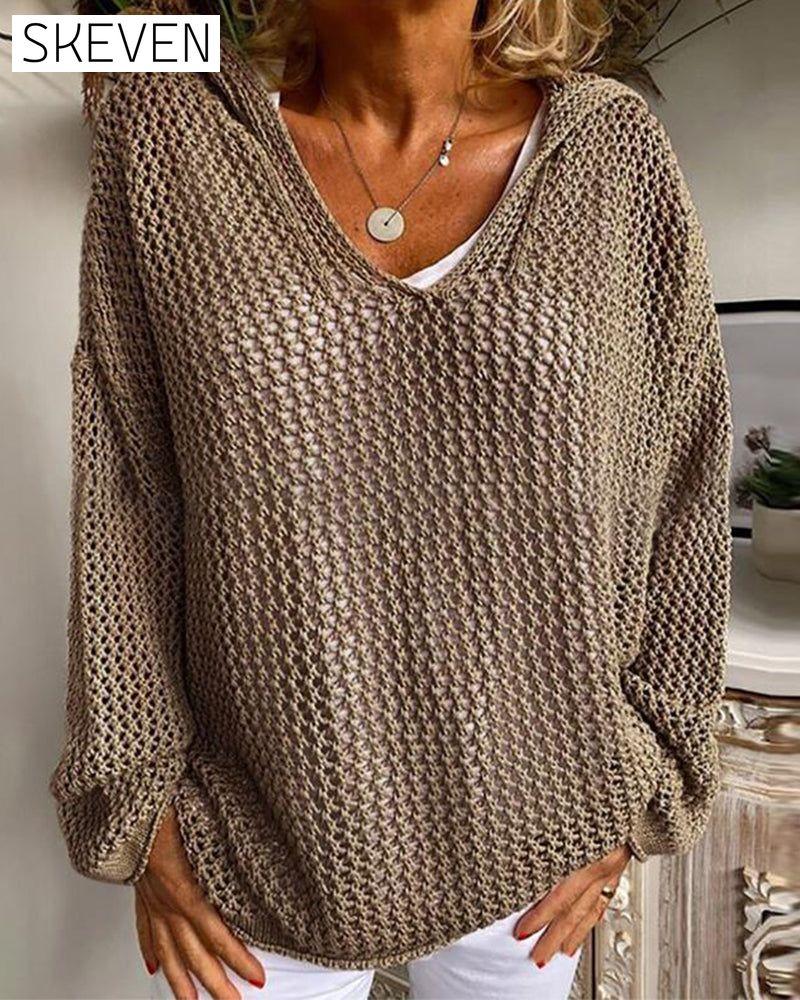 Damen Häkel-Kapuzenoberteile mit langen Ärmeln und Lochmuster