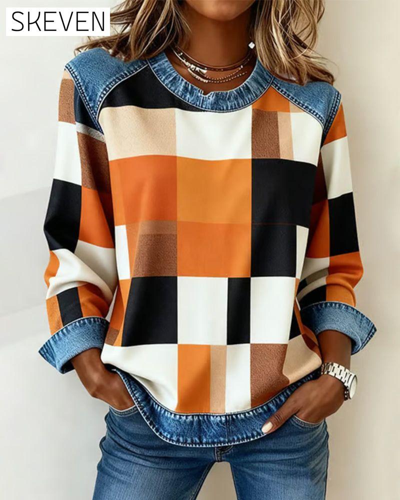Plaid Patchwork Contrast Color Sweatshirt