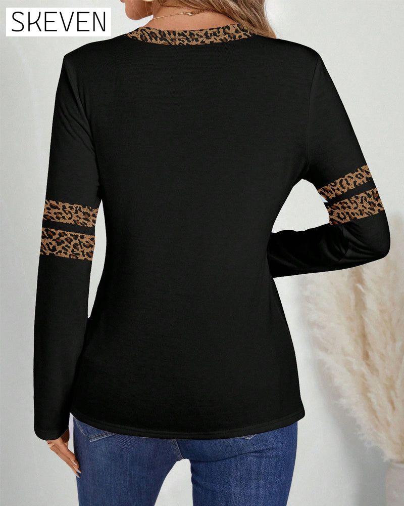 V-Neck Leopard Print Color-Block Top