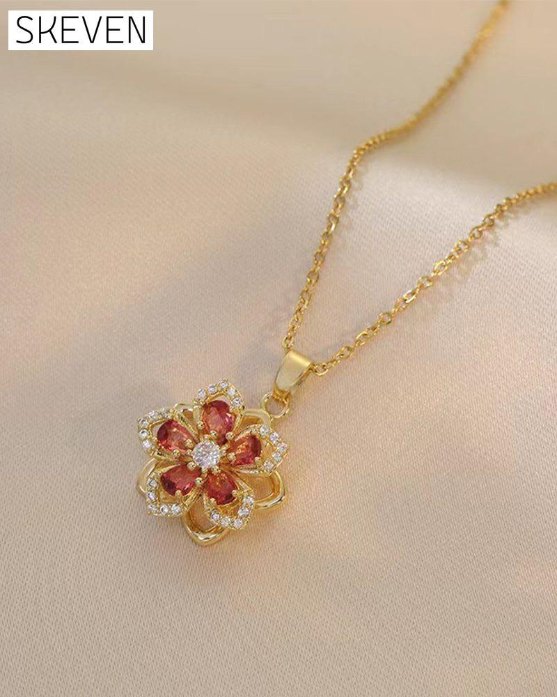 Five-petal flower 360° rotating pendant necklace