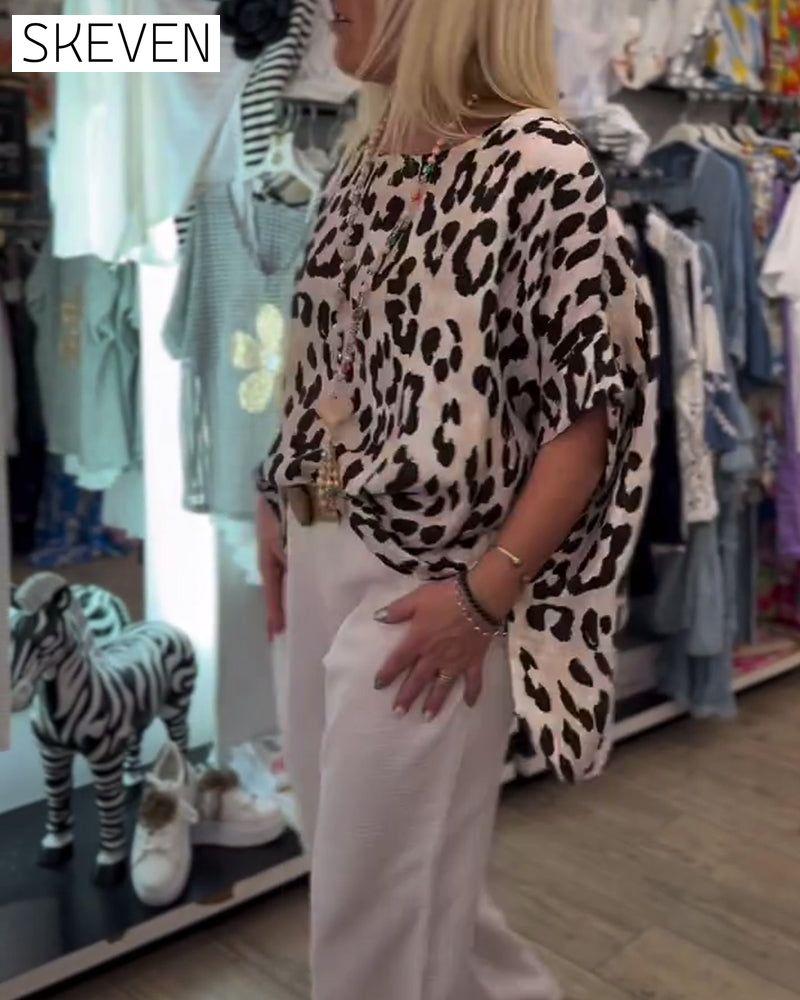 Lockere Bluse mit Rundhalsausschnitt und Leopardenmuster