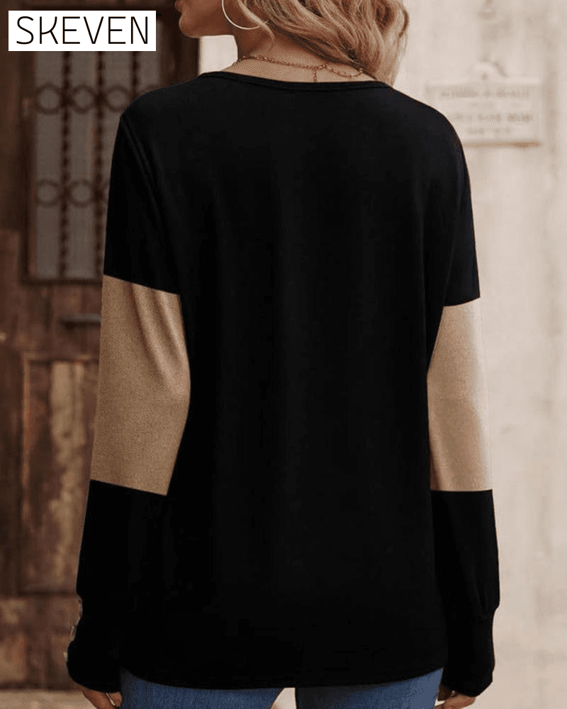 Women's Colorblock Print Button Decor Drop Shoulder Tee