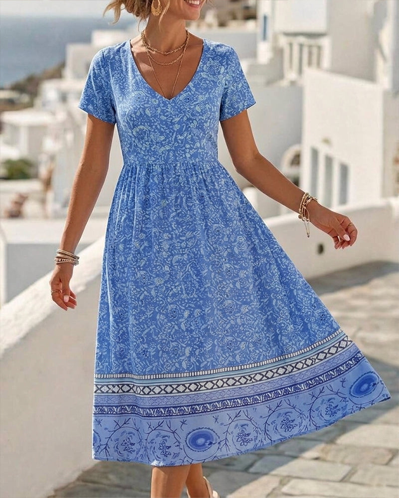 Bohemian Print V-Nee Waist Tie Dress
