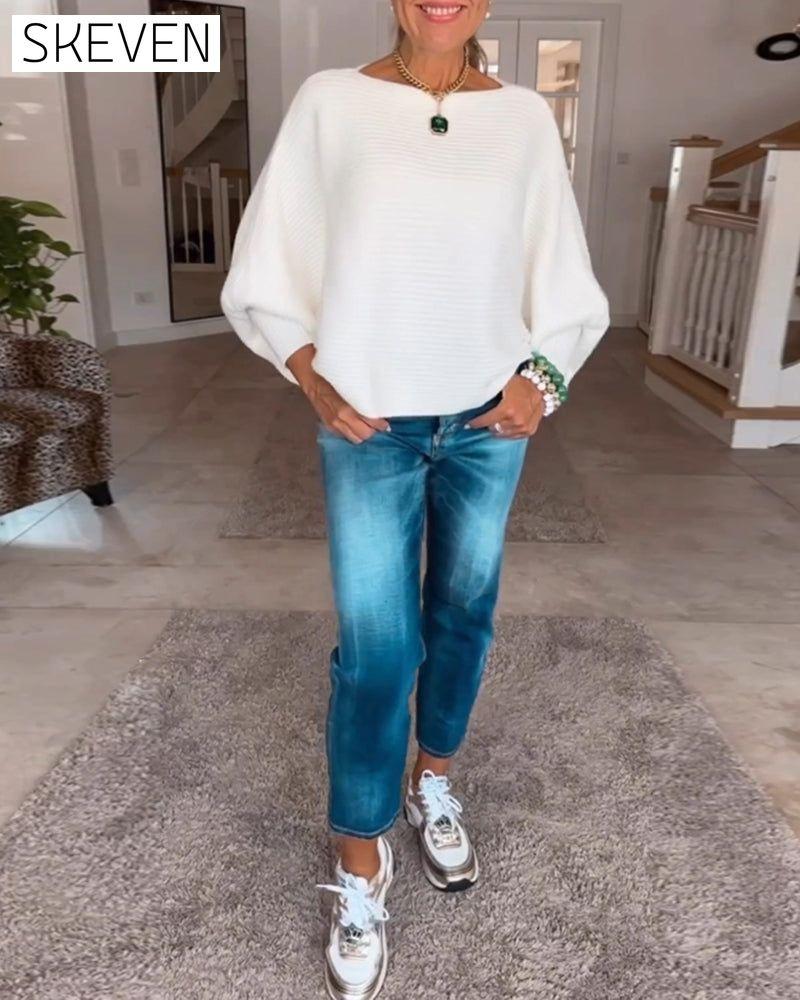 Lantern Sleeve Solid Color Sweater