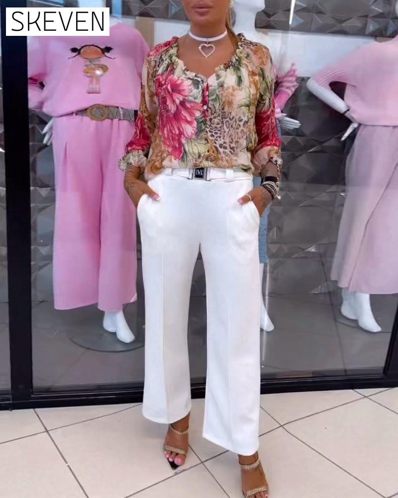 V-Neck Floral Print Blouse