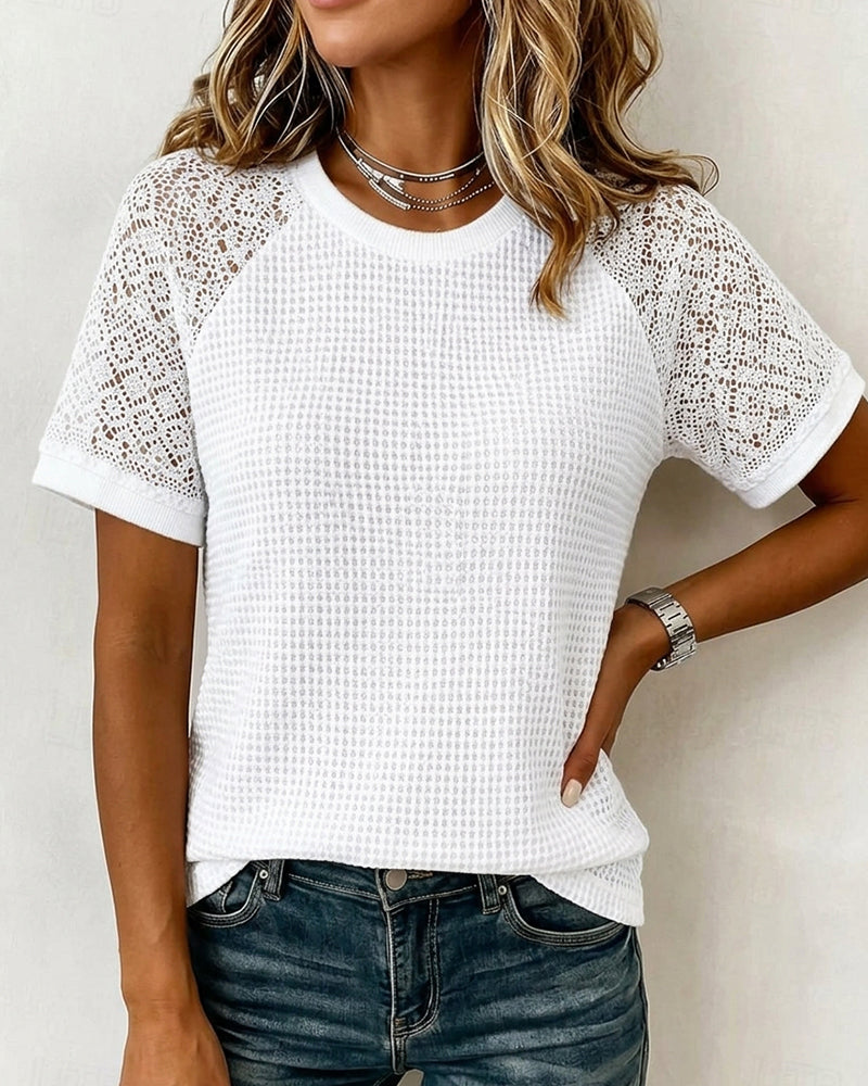 Crewneck Waffle Lace Patchwork T-Shirts