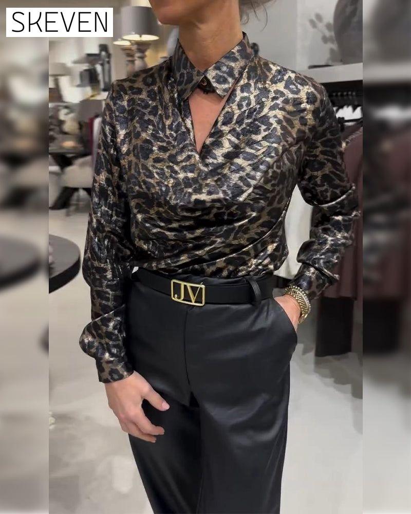 Stylish Leopard Print Shirt With Draped Collar