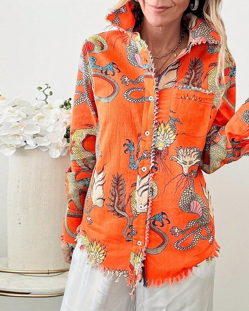Long-Sleeved Frayed Animal Print Shirt