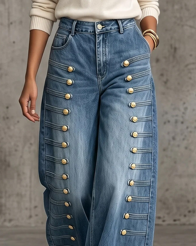 Button Pocket Wide-Leg Denim Long Pants