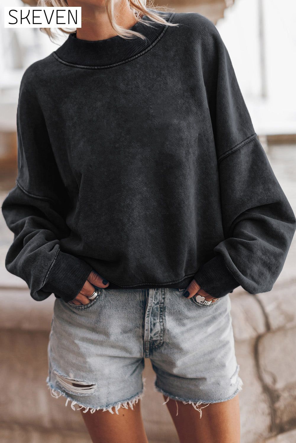 Black Drop Shoulder Crew Neck Pullover Sweatshirt Black 75%Polyester+25%Cotton All In Stock Best Sellers clothes Craft Washed EDM Monthly Recomend Hot picks Occasion Daily Print Solid Color Season Winter Style Casual Sweater sweaters Sweatshirt