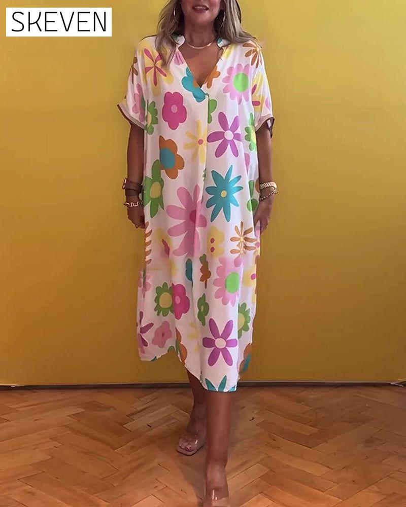 Loose V-neck floral print dress