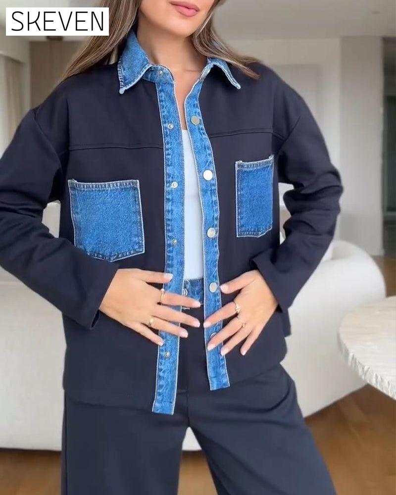 Color-Blocking Lapel Shirt