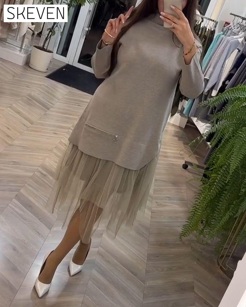 High collar mesh patchwork dress 2024 f/w casual dresses