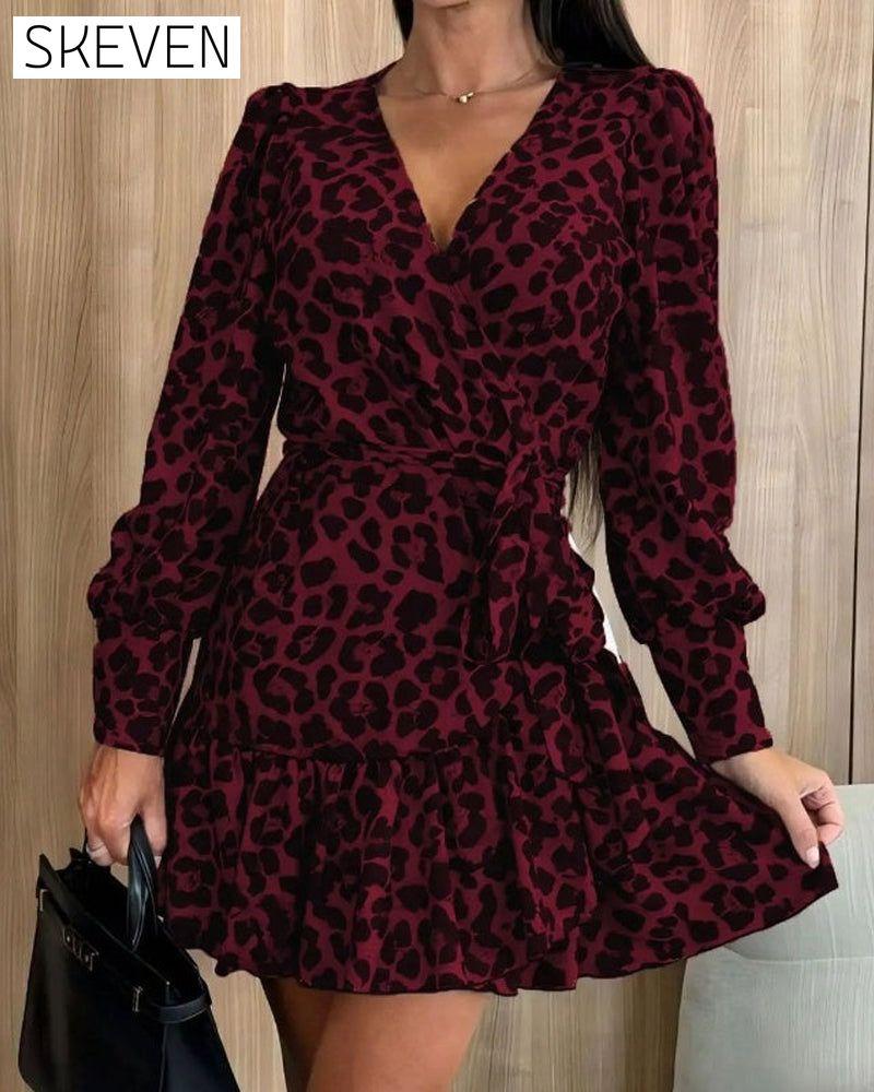💖Black-Friday-Mega-Angebot💖Wickelkleid mit Leopardenmuster, V-Ausschnitt und Taillengürtel
