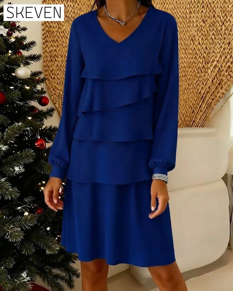 V-Neck Long Sleeve Tier Layer Dress