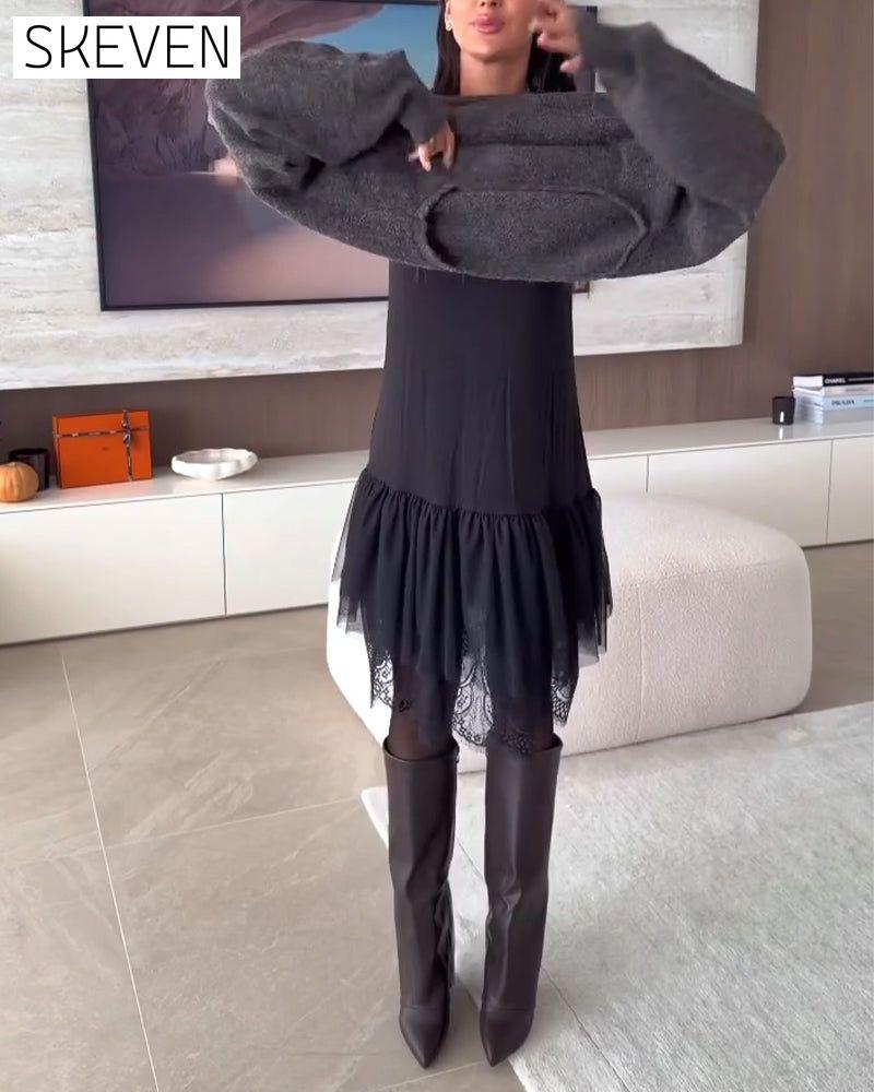 Robe pull ample à épaules dénudées et ourlet en dentelle