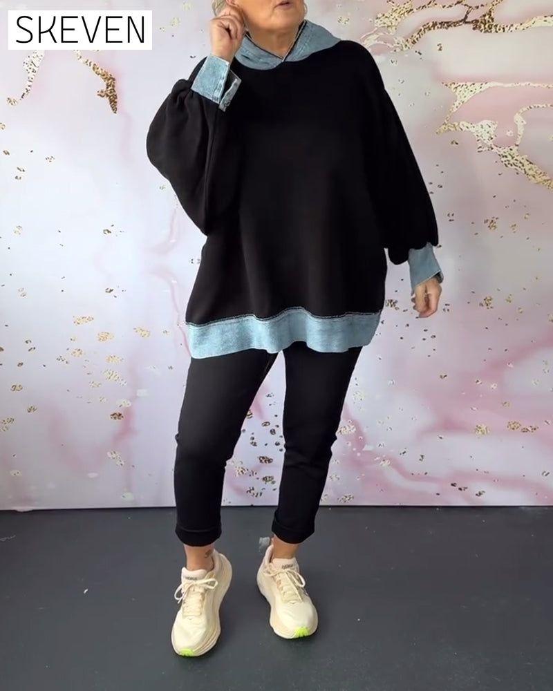 Casual contrast color lantern sleeve hoodie