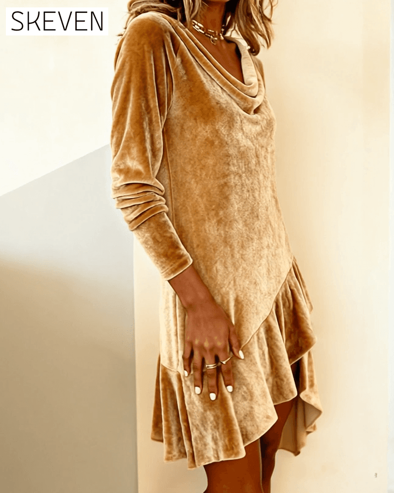 Slouchy Collar Ruffled Paneled Velvet Dress