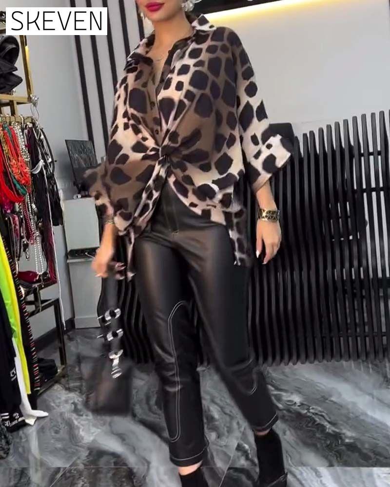 Lapel leopard print blouse