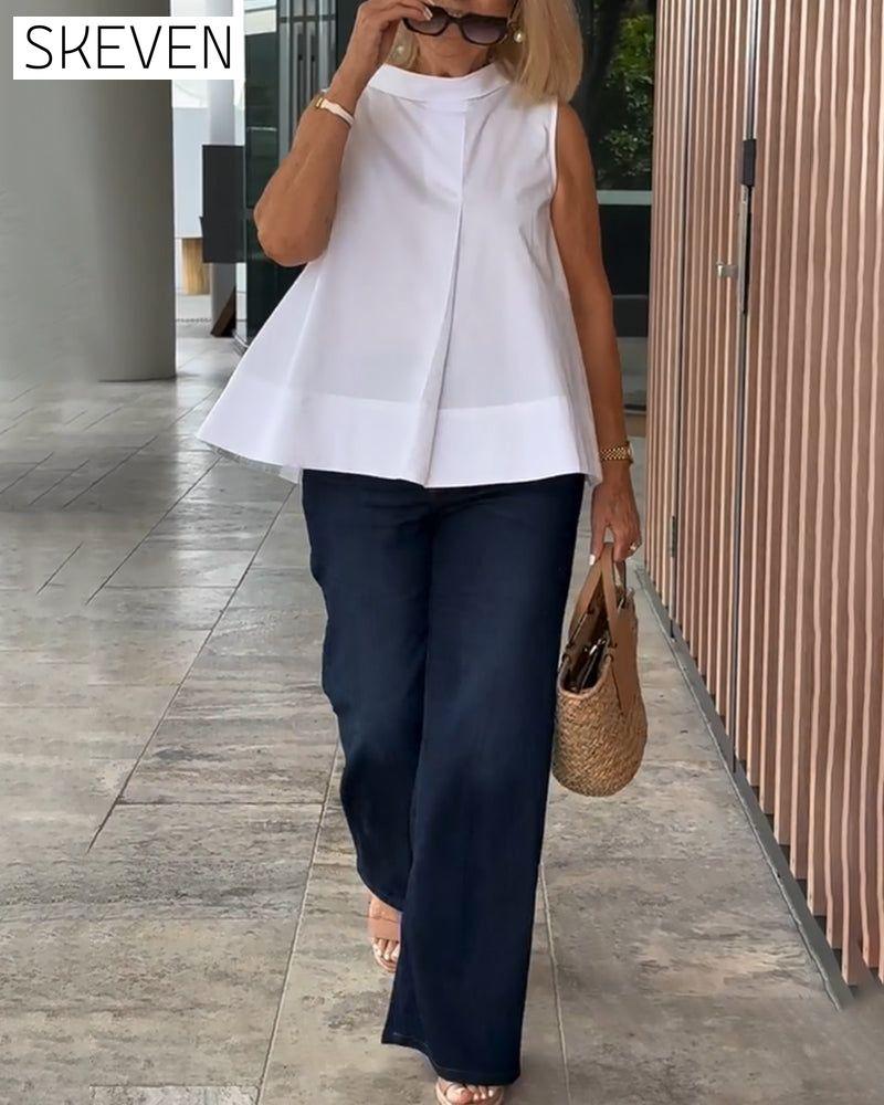 Sleeveless Solid Color Simple Blouse