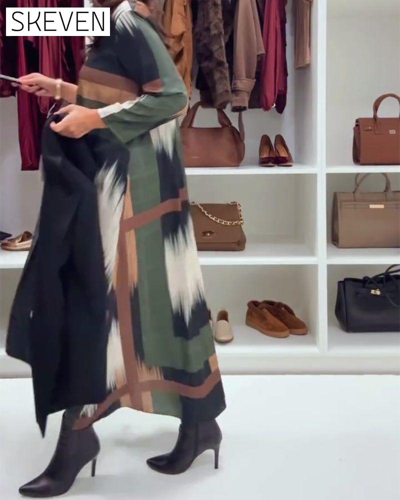 Modisches bedrucktes Kleid mit Rundhalsausschnitt und langen Ärmeln