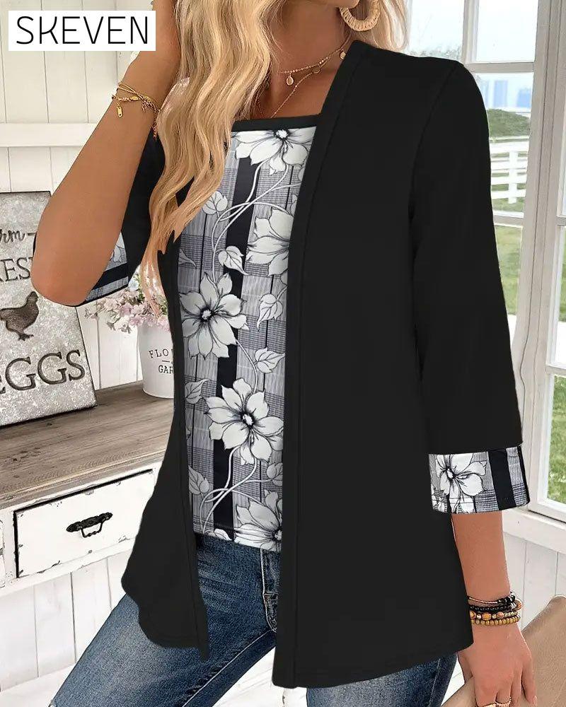 Printed Fake Two-Piece Long-Sleeved Top